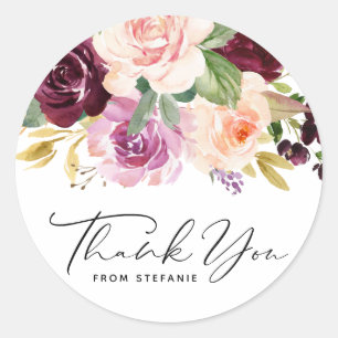 Sticker Rond Bourgogne et fleurs de pêche Anniversaire Merci