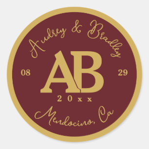 Sticker Rond Bourgogne et or 2 lettres Monogramme Mariage