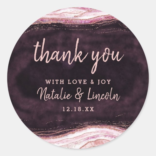 Sticker Rond Bourgogne et Rose Gold Geode Agate Mariage Merci (Devant)