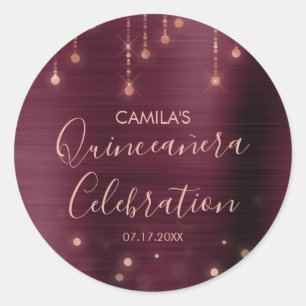 Sticker Rond Bourgogne et Rose Gold Quinceanera Party