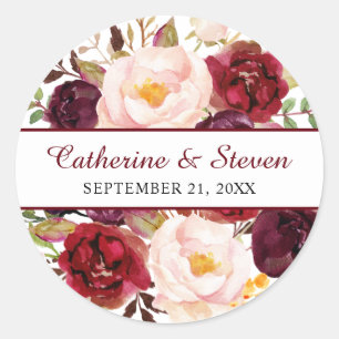 Sticker Rond Bourgogne et rose pâle Élégant Mariage floral