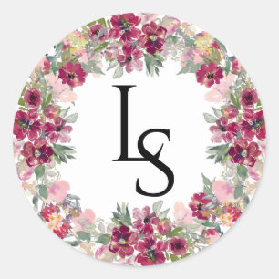 Sticker Rond Bourgogne et rougissant mariage monogramme
