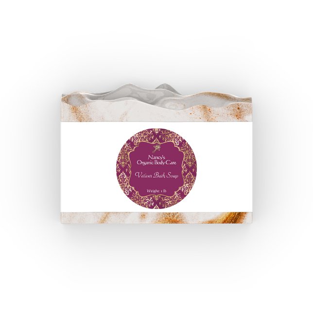 Sticker Rond Bourgogne & feuille d'or damask soap cosmétiques é (Créateur téléchargé)