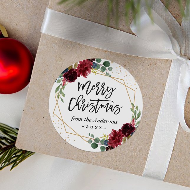 Sticker Rond Bourgogne Floral Géométrique Joyeux Noël (Créateur téléchargé)