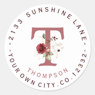 Sticker Rond Bourgogne Floral Gold Monogram Adresse circulaire