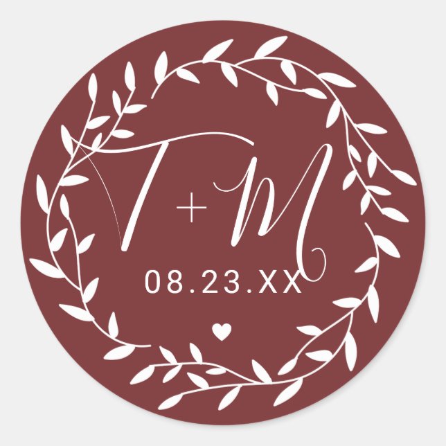 Sticker Rond Bourgogne Floral Initiales Mariage Enregistrer La  (Devant)