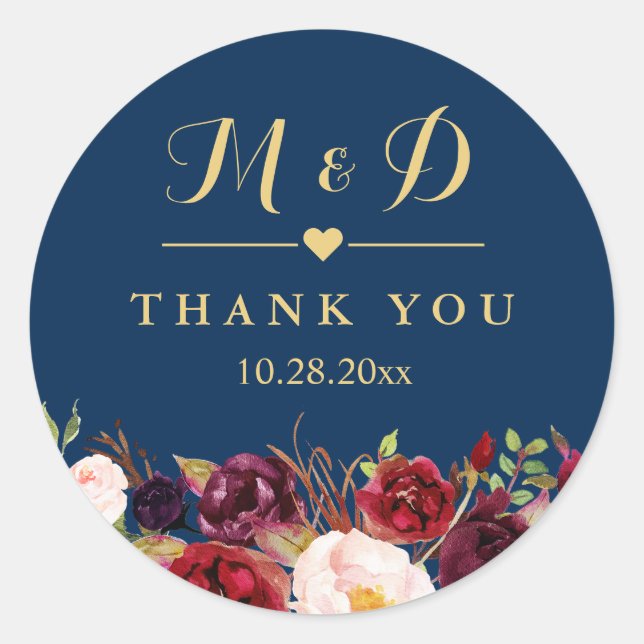 Sticker Rond Bourgogne Floral Navy Blue Monogramme Mariage Fave (Devant)