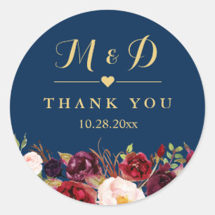 Sticker Rond Bourgogne Floral Navy Blue Monogramme Mariage Fave