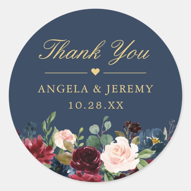 Sticker Rond Bourgogne Floral Navy Merci bleu Mariage Faveur (Devant)