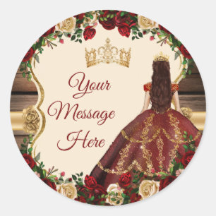 Sticker Rond Bourgogne Floral Rustic 15 Años Votre Message Ici