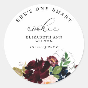 Sticker Rond Bourgogne Florals She's One Smart Cookie Graduatio
