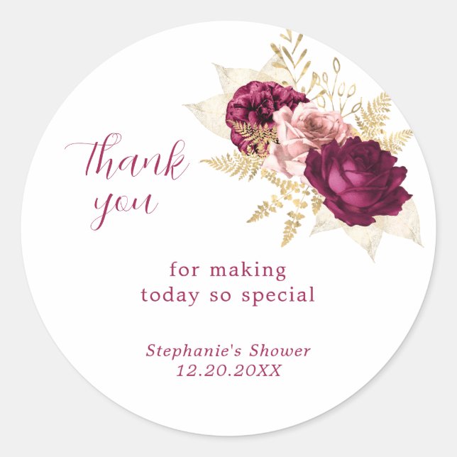 Sticker Rond Bourgogne Gold Floral Merci Favoriser (Devant)