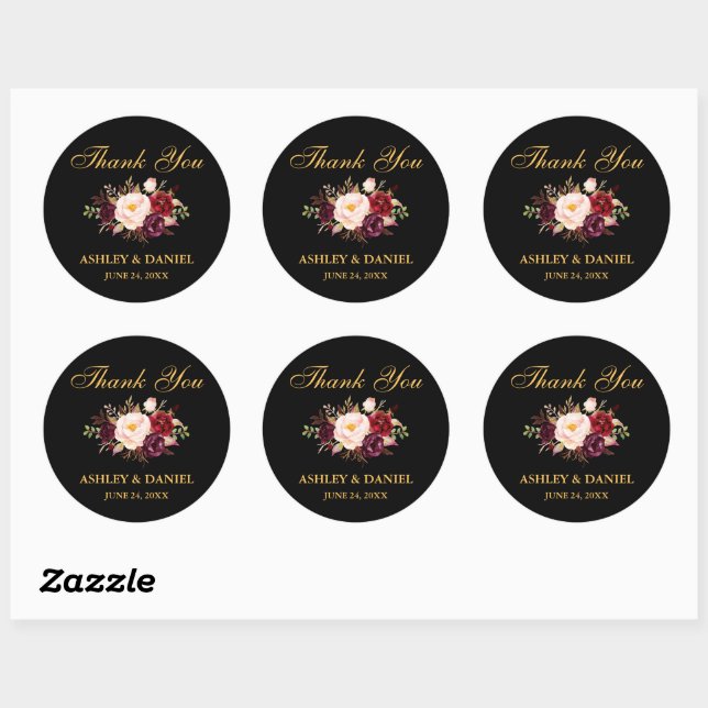 Sticker Rond Bourgogne Mariage Floral Merci Or Noir (Feuille)