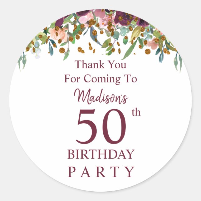 Sticker Rond Bourgogne Marsala Floral 50e Anniversaire Merci (Devant)