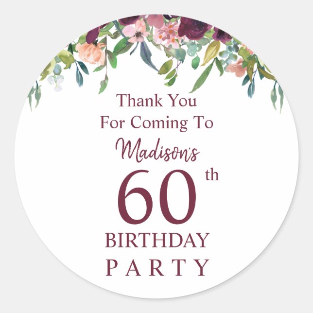 Sticker Rond Bourgogne Marsala Floral 60e anniversaire Merci (Devant)
