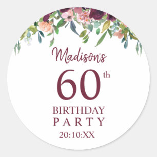 Sticker Rond Bourgogne Marsala Floral 60e fête d'anniversaire