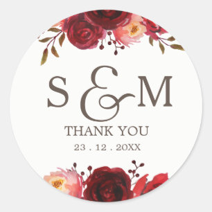 Sticker Rond Bourgogne Marsala Roses rouges Merci Floral