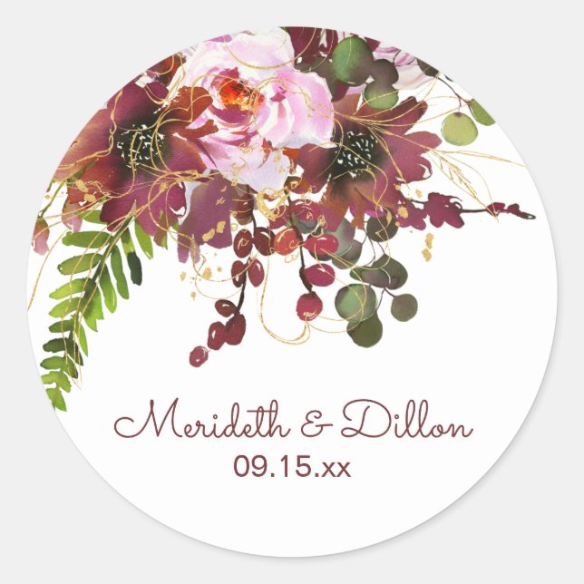 Sticker Rond Bourgogne Or Blush Rose Floral Enregistrer La Date (Devant)