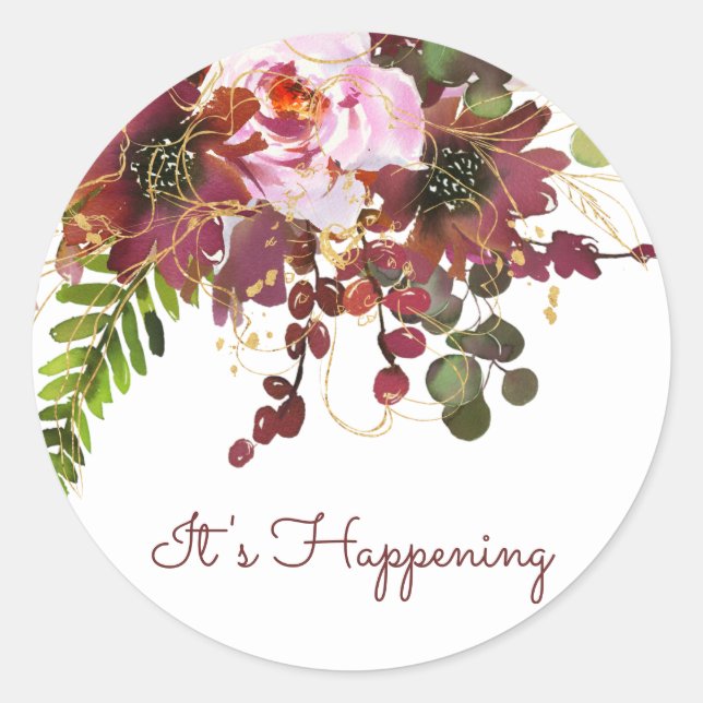 Sticker Rond Bourgogne Or Blush Rose Floral Enregistrer La Date (Devant)