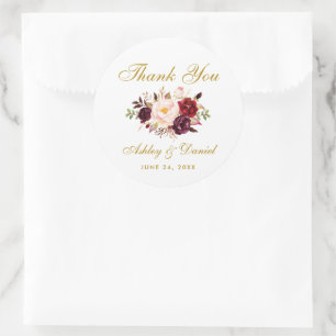 Sticker Rond Bourgogne or Mariage Floral Merci L