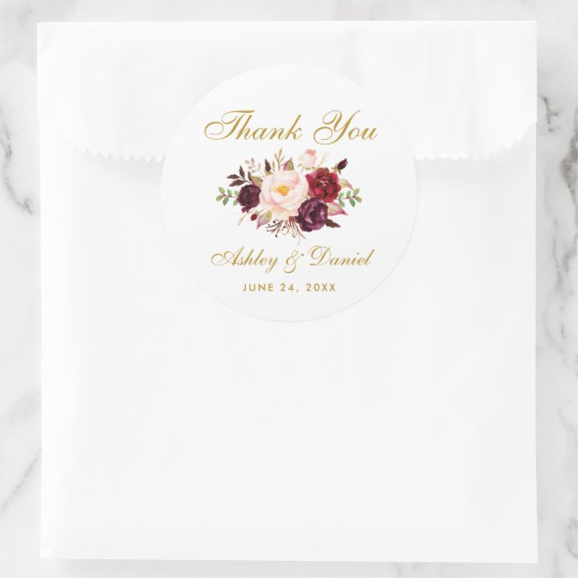 Sticker Rond Bourgogne or Mariage Floral Merci L (Sac)