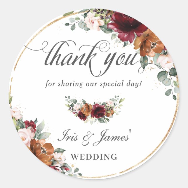 Sticker Rond Bourgogne Orange Floral Mariage or Merci (Devant)
