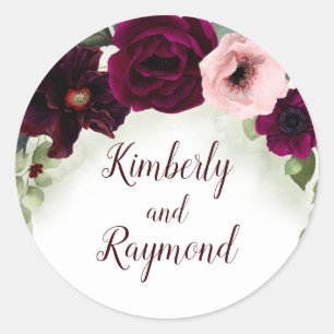 Sticker Rond Bourgogne Peonies Aquarelle Verdure Bouquet