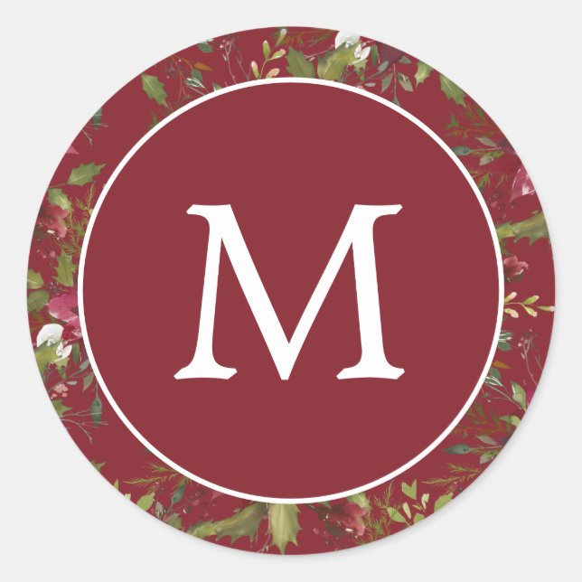 Sticker Rond Bourgogne Poinsettia Monogram Noël (Devant)