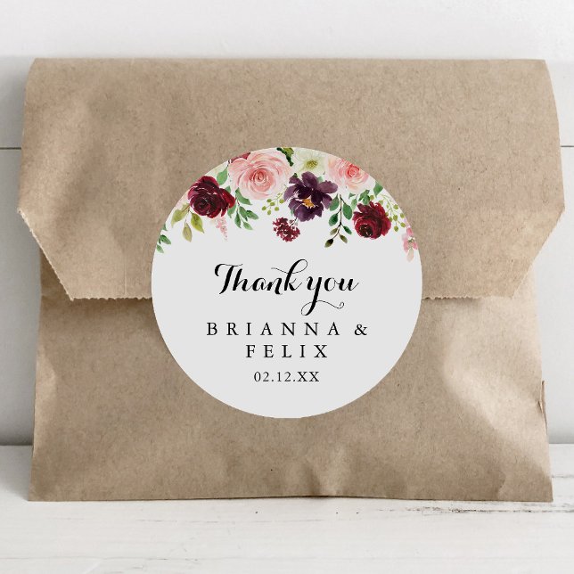 Sticker Rond Bourgogne Printemps Floral Merci Mariage Faveur (Créateur téléchargé)