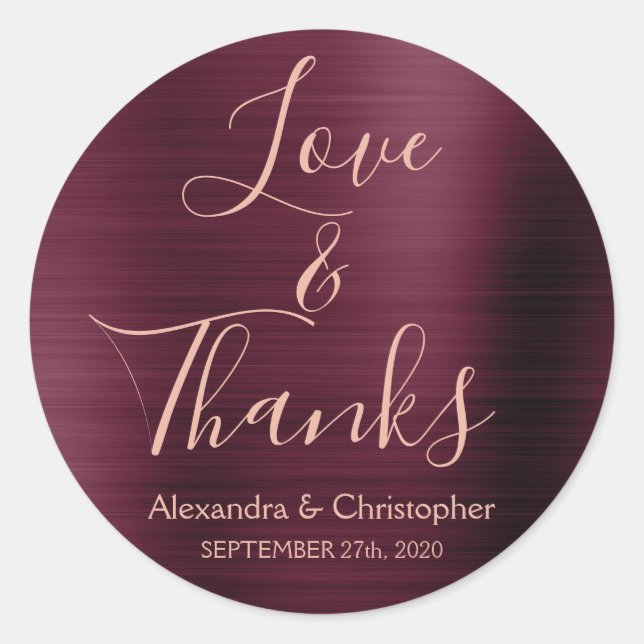 Sticker Rond Bourgogne Rose Gold Foil Love & Thanks (Devant)
