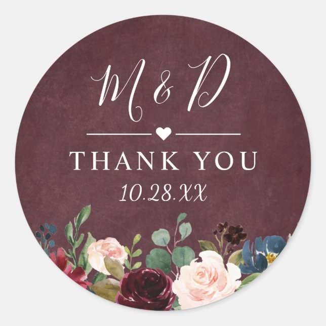 Sticker Rond Bourgogne Rouge Blush Floral Mariage Merci (Devant)
