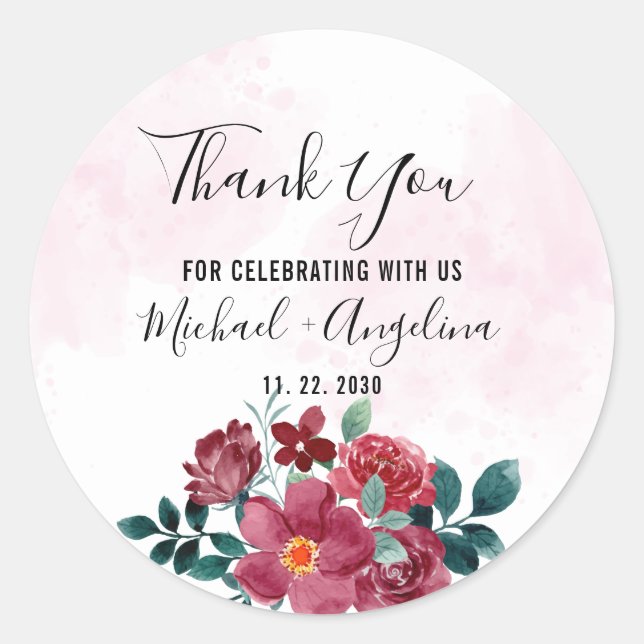 Sticker Rond Bourgogne Rouge Blush Floral Wedding Favoriser (Devant)