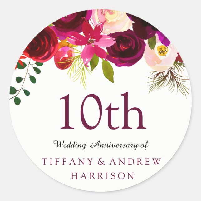 Sticker Rond Bourgogne Rouge Floral Boho 10e anniversaire Maria (Devant)