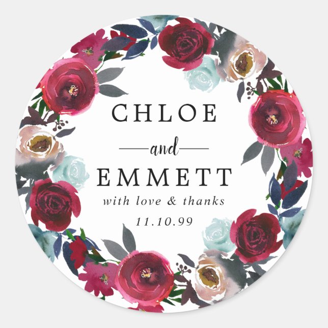 Sticker Rond Bourgogne Rouge Floral Mariage Merci Favoriser le  (Devant)
