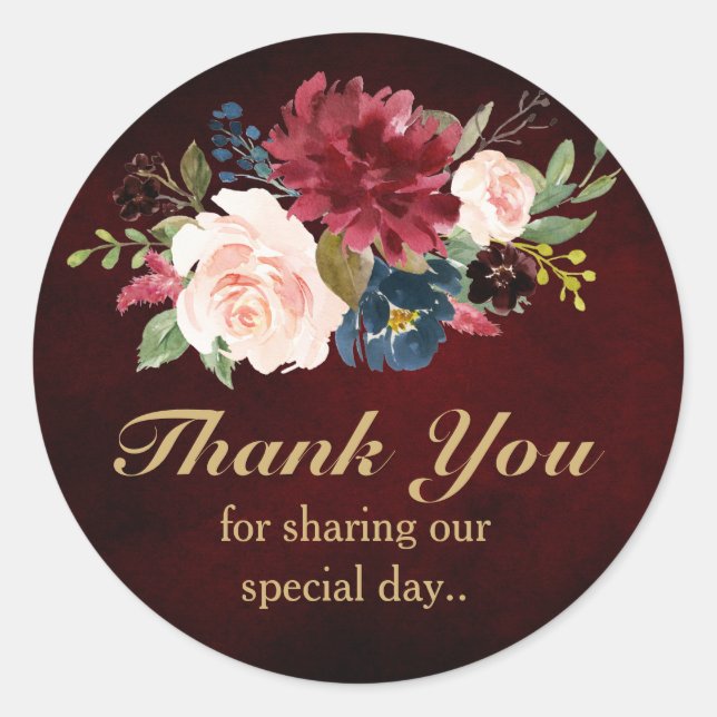 Sticker Rond Bourgogne Rouge Floral Russe Boho Merci (Devant)