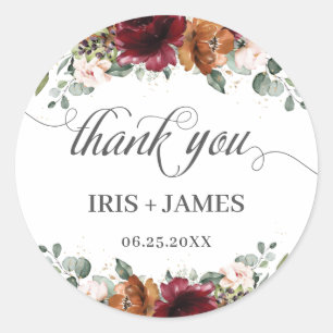 Sticker Rond Bourgogne rouille Orange Floral Mariage or Merci
