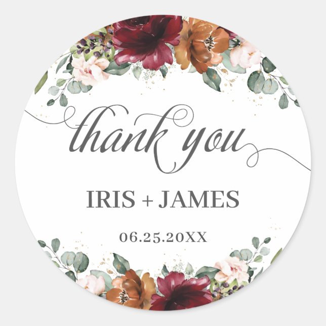 Sticker Rond Bourgogne rouille Orange Floral Mariage or Merci (Devant)