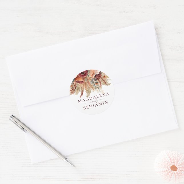 Sticker Rond Bourgogne Terracotta Rust Fall Flores Pampas Grass (Enveloppe)