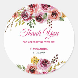 Sticker Rond Bourgogne violet Rose Floral Anniversaire Merci