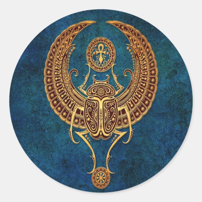 Sticker Rond Bousier égyptien ailé avec ankh - bleu (Devant)