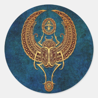Sticker Rond Bousier égyptien ailé avec ankh - bleu