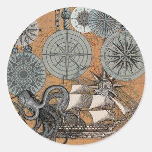 Sticker Rond Boussole Rose Vintage Nautique Octopus Ship