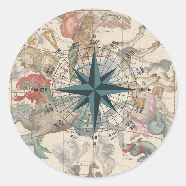 Sticker Rond Boussole sur une carte ancienne (Devant)