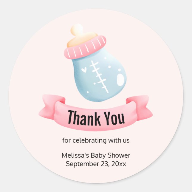 Sticker Rond Bouteille Bleu & Rose Bébé Merci mou (Devant)