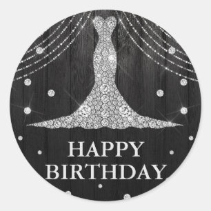 Sticker Rond Bouteille de robe noire en argent Joyeux anniversa
