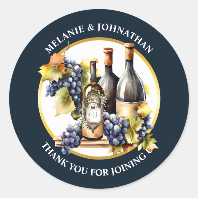 Sticker Rond Bouteilles de vin à l'aquarelle raisins monogramme (Devant)