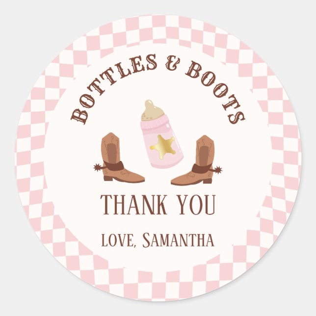 Sticker Rond Bouteilles et bottes rétro Baby shower de fille (Devant)