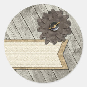 Sticker Rond Bouton de bois rustique Fleur de tissu et Burlap d