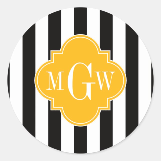 Sticker Rond Bouton d'or noir blanc Quatrefoil 3 Monogramme (Devant)
