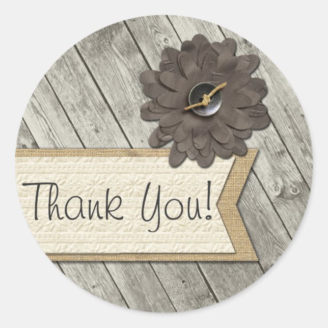 Sticker Rond Bouton Rustique Bois Tissu Merci Burlap Fleur (Devant)